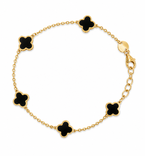 14KT GOLD BLACK ONYX CLOVER BRACELET 7