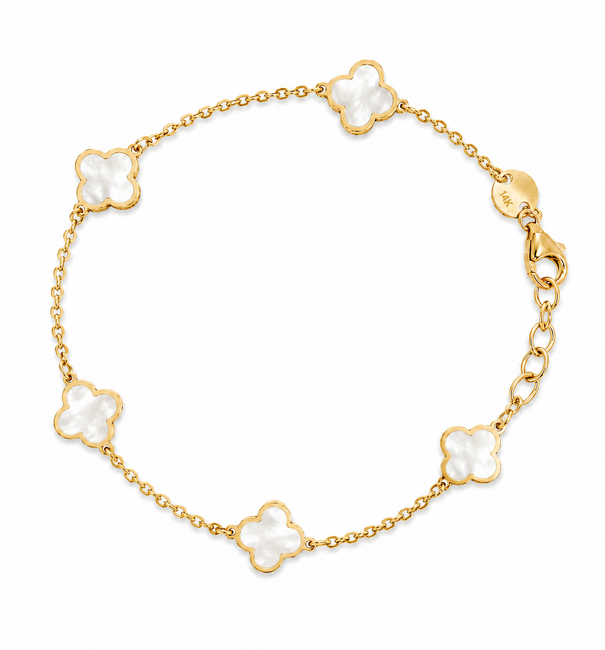 14KT YELLOW GOLD MOTHER OF PEARL CLOVER BRACELET 7