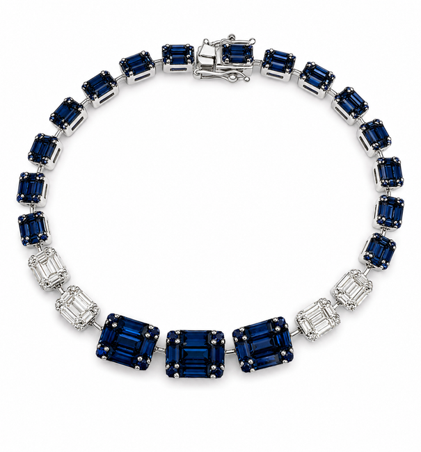 18KT WHITE GOLD BLUE SAPPHIRE AND DIAMONDS TENNIS BRACELET