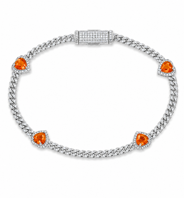 14KT GOLD ORANGE SAPPHIRE AND DIAMONDS HEART CUBAN BRACELET