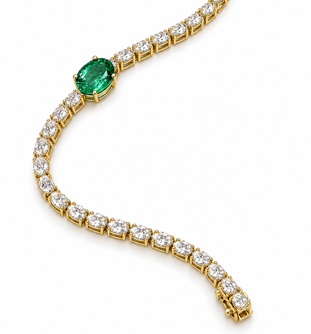 14KT YELLOW GOLD OVAL EMERALD AND DIAMOND TENNIS BRACELET