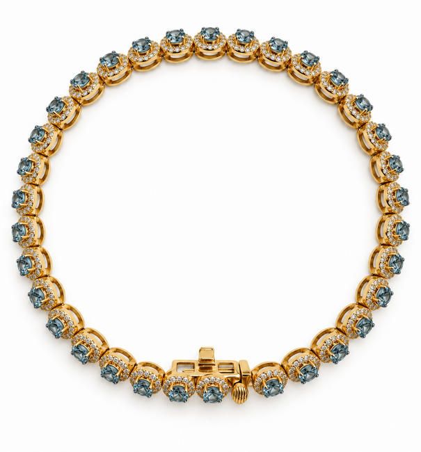 14KT GOLD BLUE AQUAMARINE AND DIAMOND BRACELET