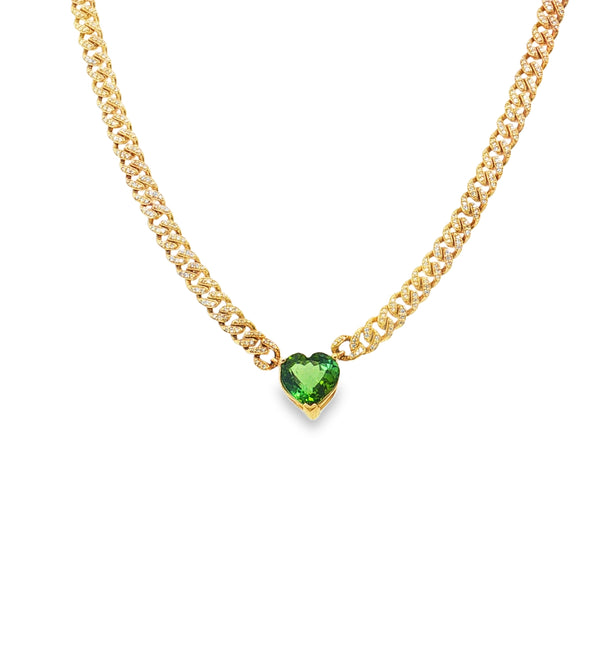 14KT YELLOW GOLD GREEN TOURMALINE AND DIAMOND CUBAN CHAIN NECKLACE 16