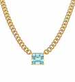 14KT YELLOW GOLD AQUAMARINE AND DIAMOND CUBAN CHAIN NECKLACE 16