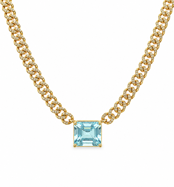 14KT YELLOW GOLD AQUAMARINE AND DIAMOND CUBAN CHAIN NECKLACE 16