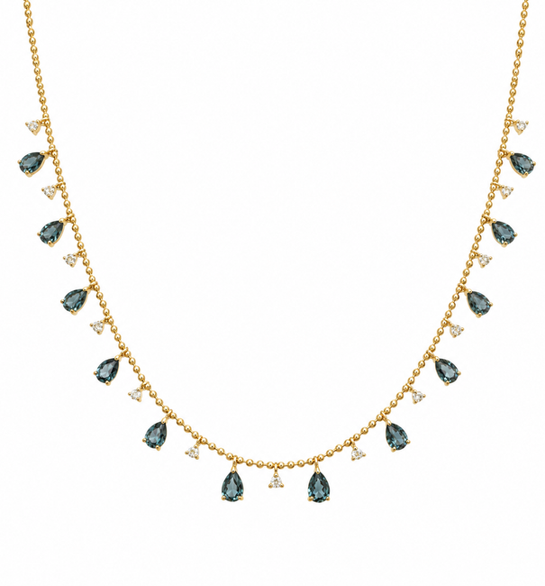 14KT YELLOW GOLD PEAR SHAPE SAPPHIRE AND DIAMOND DANGLING NECKLACE