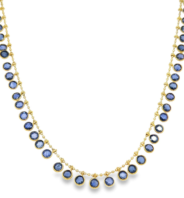 14KT YELLOW GOLD ROUND SHAPE BLUE SAPPHIRE DANGLING NECKLACE