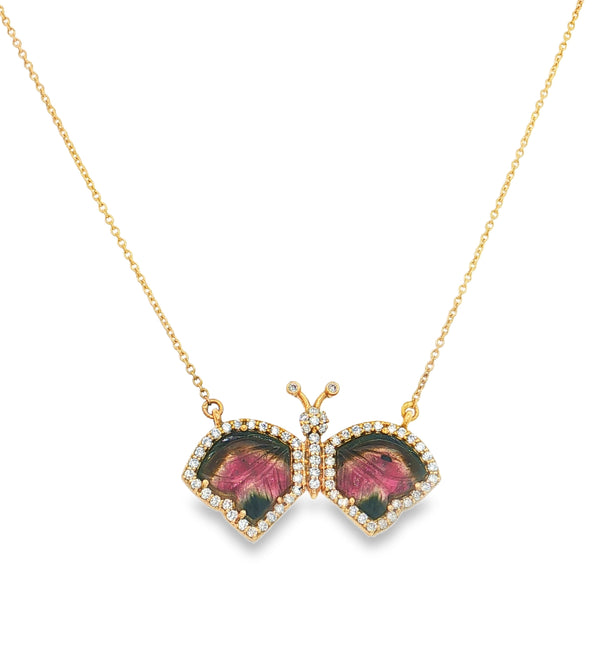 14KT YELLOW GOLD WATERMELON TOURMALINE AND DIAMONDS BUTTERFLY NECKLACE