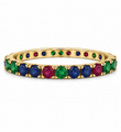 18KT YELLOW GOLD EMERALD, BLUE SAPPHIRE AND RUBY ETERNITY RING