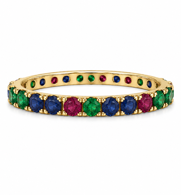 18KT YELLOW GOLD EMERALD, BLUE SAPPHIRE AND RUBY ETERNITY RING