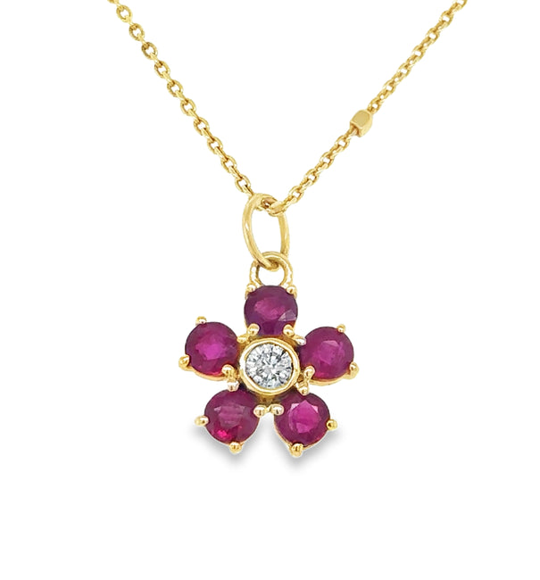 14KT YELLOW GOLD FLOWER WITH DIAMONDS AND RUBY NECKLACE
