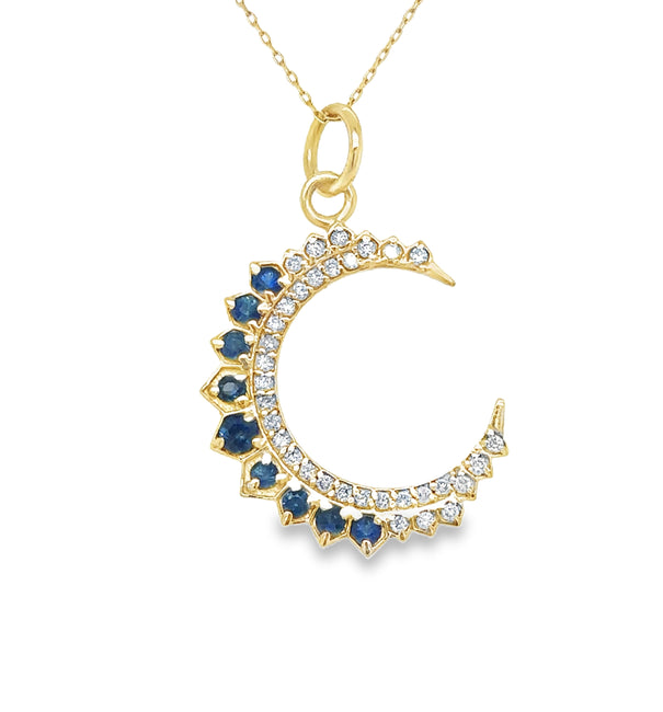 14KT YELLOW GOLD HALF MOON PENDANT WITH SAPPHIRE AND DIAMONDS