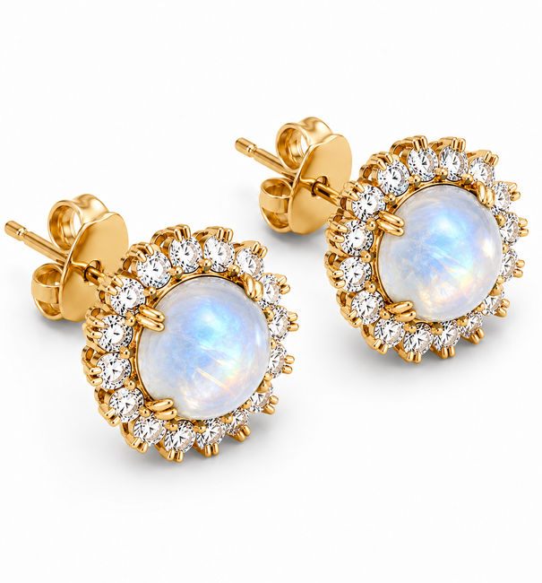 14KT YELLOW GOLD RAINBOW MOONSTONE AND DIAMOND EARRINGS