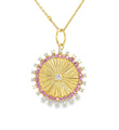 14K YELLOW GOLD DIAMOND AND PINK SAPPHIRE CIRCLE PENDANT