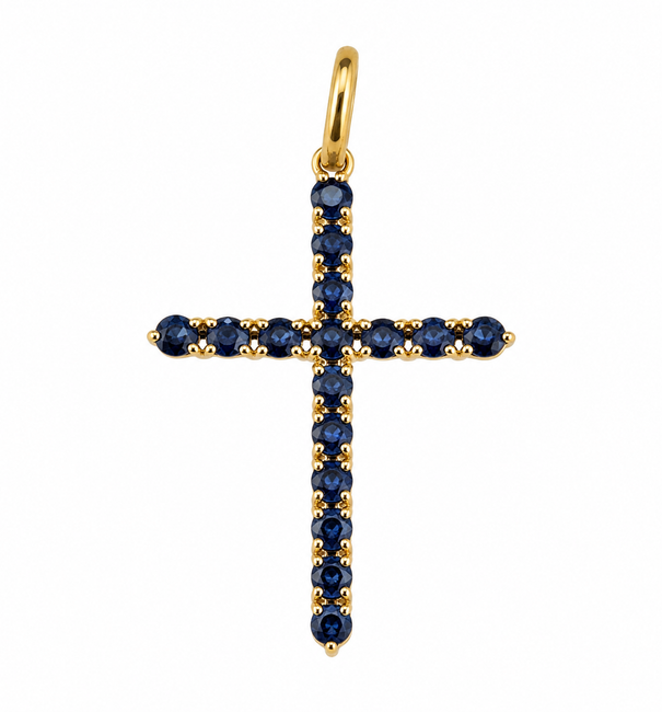 14KT GOLD BLUE SAPPHIRE CROSS PENDANT