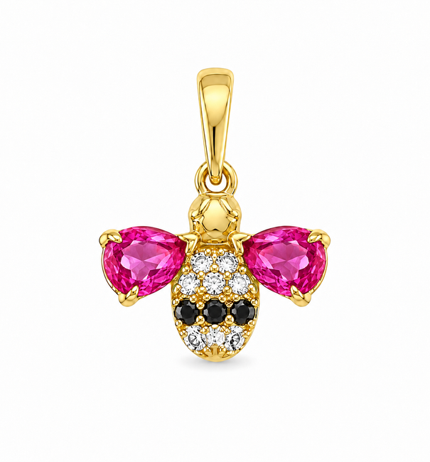 14KT YELLOW GOLD PINK SAPPHIRE AND DIAMOND BEE PENDANT