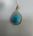 14KT YELLOW GOLD TURQUOISE PEAR PENDANT WITH DOUBLE DIAMOND HALO