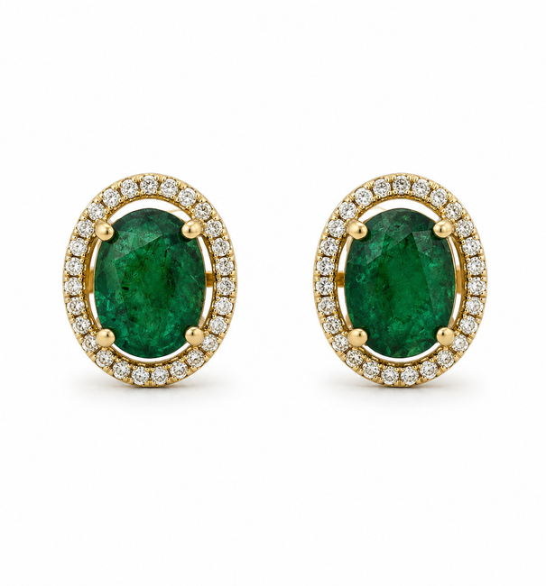 14KT YELLOW GOLD EMERALD WITH DIAMONDS EARRING