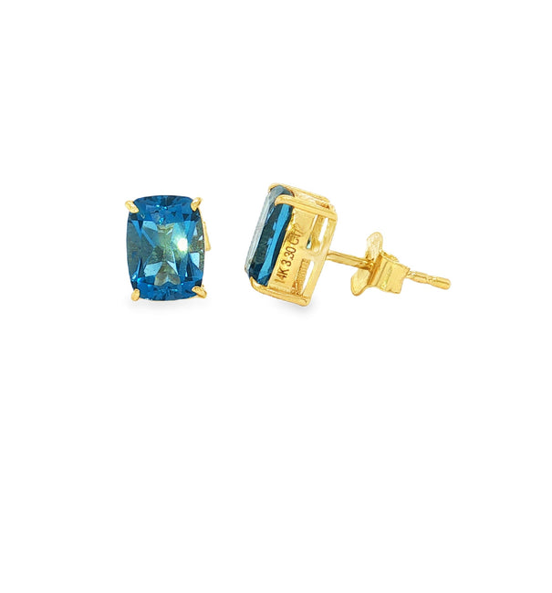 14KT YELLOW GOLD BLUE TOPAZ RADIANT EARRING  STUDS