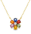 14KT GOLD MULTI SAPPHIRE AND DIAMOND FLOWER PENDANT NECKLACE