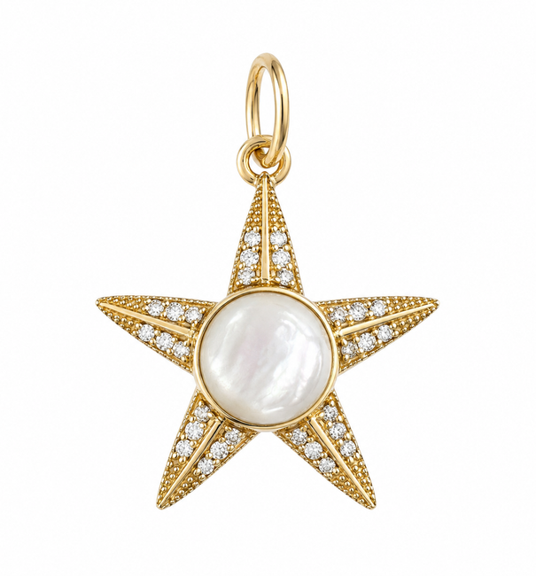 14KT YELLOW GOLD MOTHER OF PEARL STAR SHAPE PENDANT WITH DIAMONDS