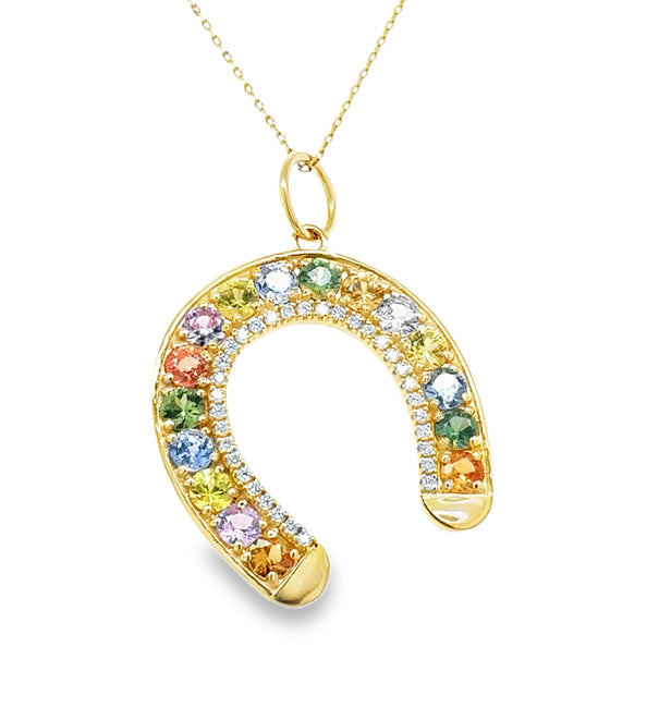14KT GOLD MULTI SAPPHIRE HORSESHOE PENDANT