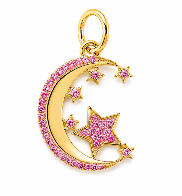 14KT GOLD HALF MOON AND STARS PINK SAPPHIRE PENDANT