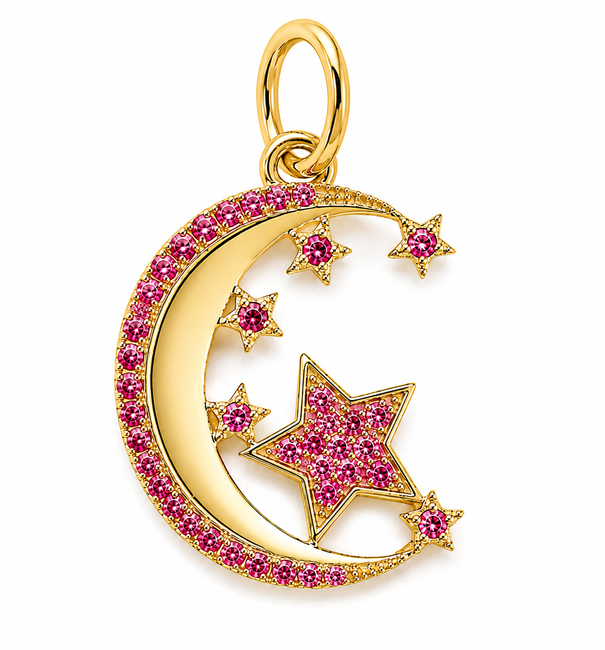 14KT GOLD HALF MOON AND STARS RUBY PENDANT