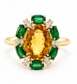 14KT YELLOW GOLD CITRINE, EMERALD & DIAMOND OVAL COCKTAIL RING