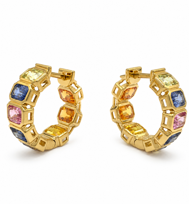 14KT GOLD MULTI SAPPHIRE HOOP EARRING (15 MM)