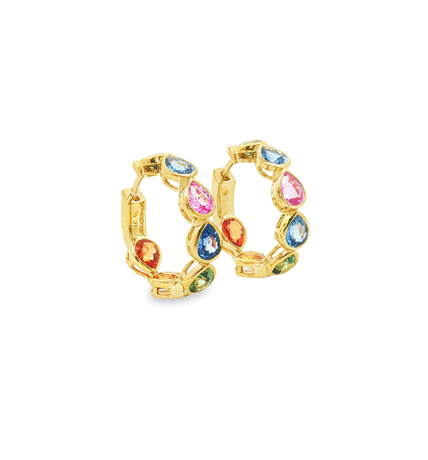 14KT YELLOW GOLD MULTI SAPPHIRE PEAR HOOP EARRING (20 MM)