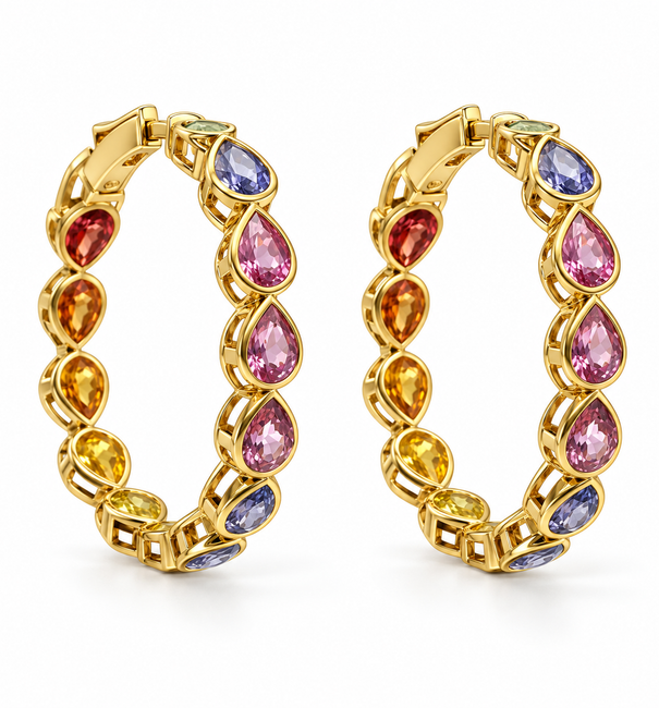 14KT YELLOW GOLD MULTI SAPPHIRE PEAR HOOP EARRING (25 MM)