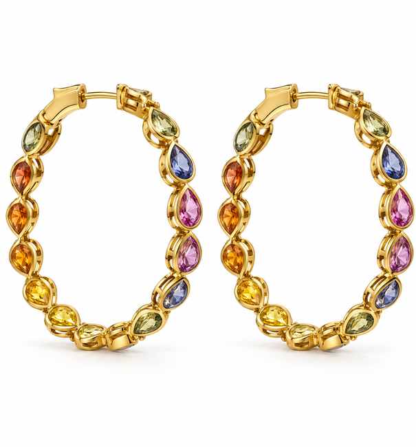 14KT YELLOW GOLD MULTI SAPPHIRE PEAR HOOP EARRING (30 MM)