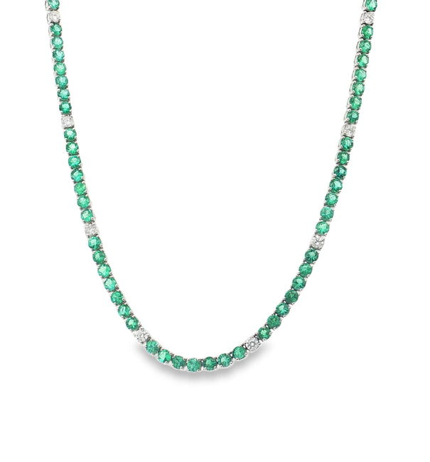 14KT WHITE GOLD EMERALD AND DIAMOND TENNIS NECKLACE