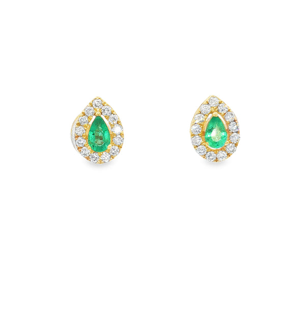 14KT YELLOW GOLD EMERALD AND DIAMONDS PEAR SHAPE EARRING