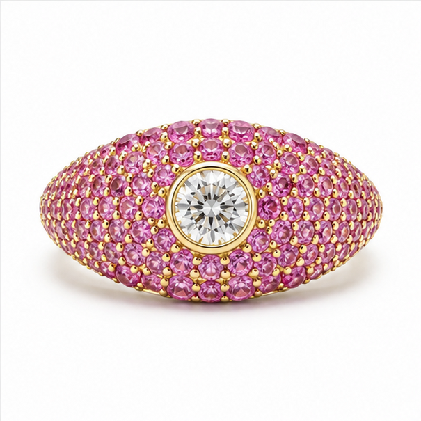 14KT YELLOW GOLD PAVE PINK SAPPHIRE AND DIAMONDS RING
