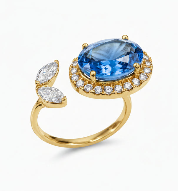 14KT YELLOW GOLD DIAMONDS AND OVAL BLUE SAPPHIRE OPEN RING