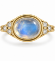 14KT YELLOW GOLD OVAL SHAPED RAINBOW MOON STONE AND DIAMOND RING