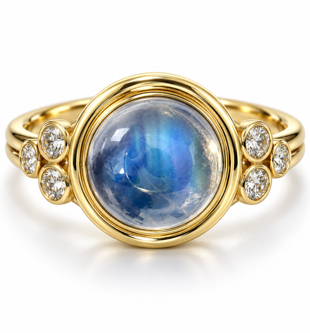 14KT YELLOW GOLD RAINBOW MOON STONE AND DIAMOND RING