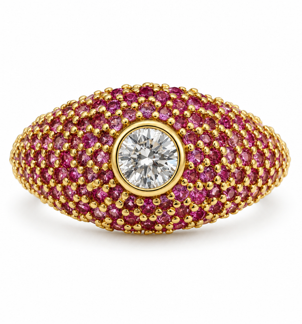 14KT yellow gold pink sapphire and diamond ring