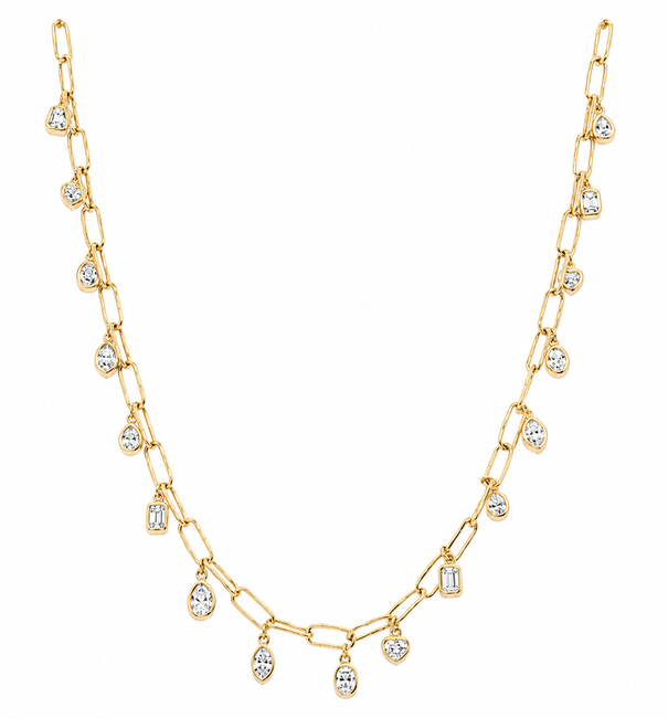 14KT GOLD BEZELLED DIAMOND STATION NECKLACE WITH PAPERCLIP CHAIN