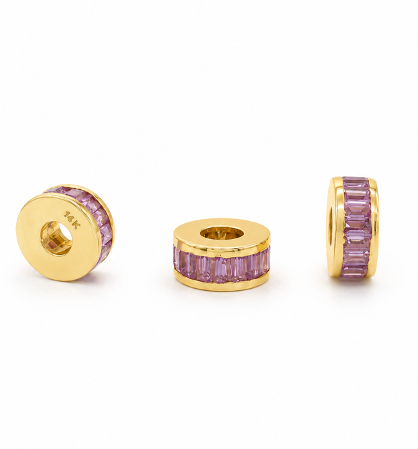 14KT YELLOW GOLD PINK SAPPHIRE BAGUETTE RONDELLES