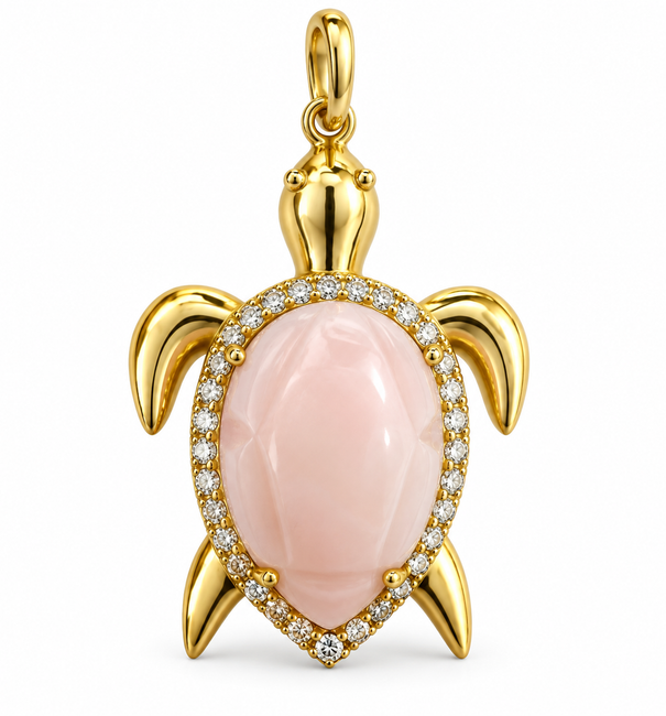 14KT PINK OPAL AND DIAMONDS TURTLE PENDANT