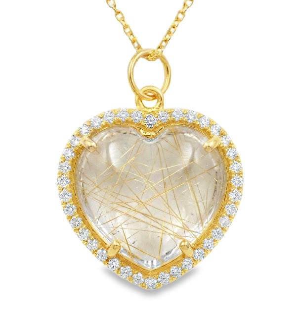 14KT GOLD DIAMONDS AND GOLDEN RUTILATE HEART SHAPE PENDANT