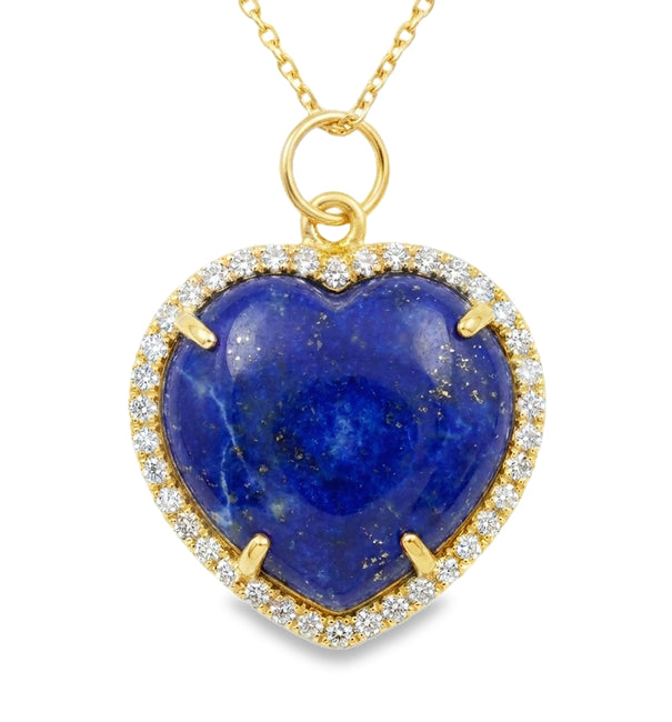 14KT GOLD DIAMONDS AND LAPIS HEART SHAPE PENDANT