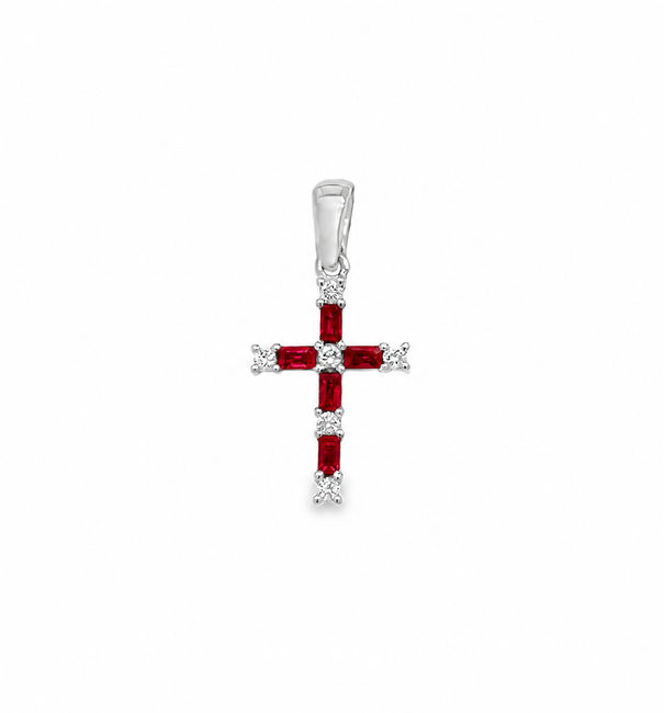 14KT WHITE GOLD RUBY AND DIAMOND CROSS PENDANT