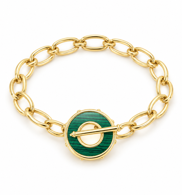 14KT GOLD ENAMEL GREEN MALACHITE TOGGLE BRACELET
