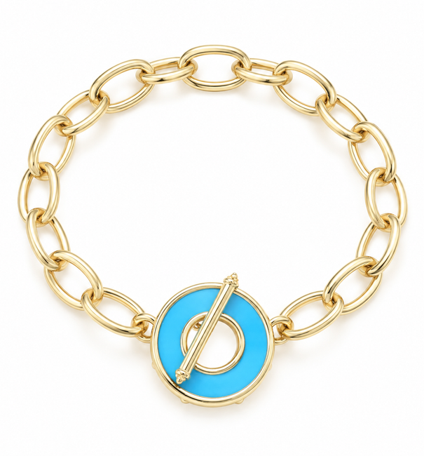 14KT GOLD ENAMEL BLUE TURQUOISE TOGGLE BRACELET