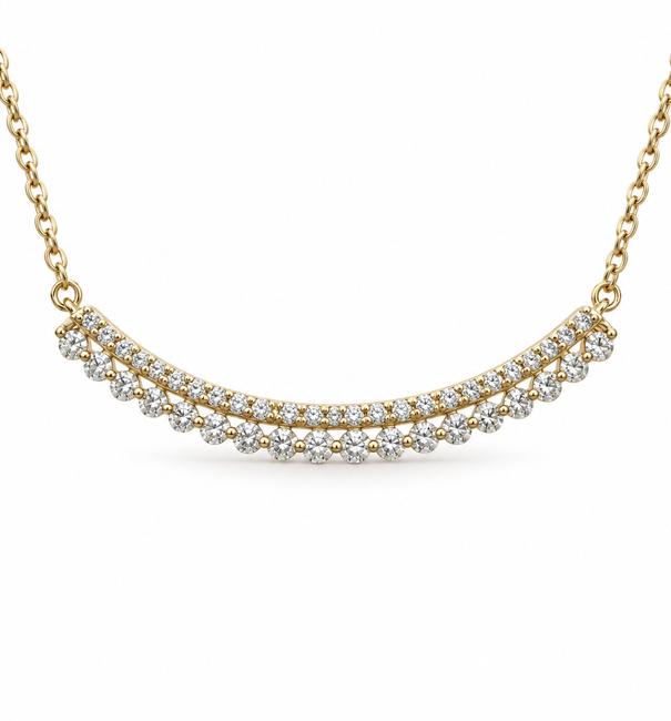 14KT Yellow Gold Double Row Diamond Curved Bar Necklace