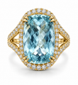 14KT YELLOW GOLD AQUAMARINE DIAMOND HALO SPLIT SHANK RING